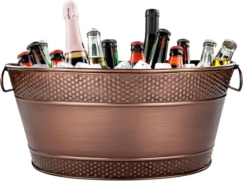 BREKX Tina galvanizada para bebidas para fiestas, cubo de bebida ovalado con asas, cubo enfriador de vino con acabado de cobre Colt para bar en casa