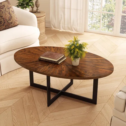 Miniatura 11 de Mesa de Centro Ovalada de Madera Maciza con Patas de Metal Cruzadas, Mesa Central Industrial Moderna de 43.3 Pulgadas con Estante Abierto Mesa