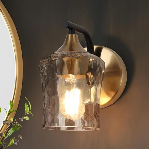 KSANA Aplique negro y dorado, apliques de pared modernos con acabado de vidrio texturizado y latón para baño, dormitorio, pasillo y sala de estar