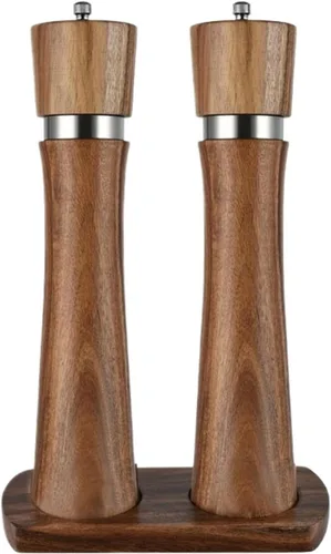 Miniatura 2 de Steel Ring Pepper Grinder,Manual Acacia Wood Mill,Multi Use Seasoning Bottle,Ceramic Core,BBQ Tool Shaker Sets (10in Set With Base)