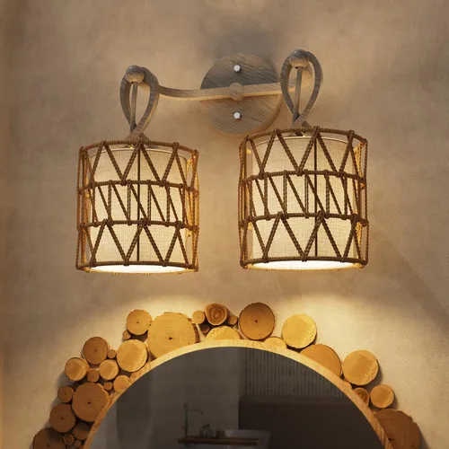 Miniatura 4 de N12-3 Aplique de pared de ratán bohemio de dos luces, accesorios de tocador para espejo, pantalla tejida en cruz y lámpara de pared cableada