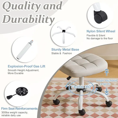 Miniatura 6 de VINGLI Silla de escritorio pequeña compacta, bonita silla sin brazos con ruedas, silla de tocador con respaldo bajo, silla de trabajo de altura Gris
