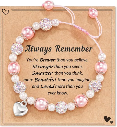 HGDEER 100% Natural Stone Adjustable Bracelets, Pink Zebra Jasper Heart Charm Jewelry, Trendy Birthday Teen Girl Gift Ideas with Quote Card & Gift