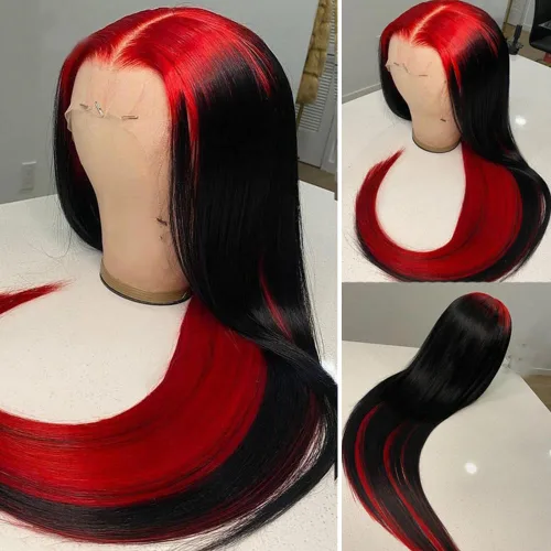 Miniatura 2 de JYZ Peluca de encaje frontal rojo degradado, densidad del 150%, lacio de 13 x 4, cabello brasileño, prearrancado, encaje marrón medio, 18 pulgadas