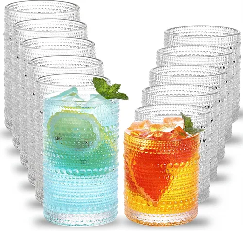 Moretoes - Juego de vasos de beber Hobnail de 12, 12 onzas vasos altos y 10 onzas vasos de cóctel, vasos de vidrio con relieve estilo boho