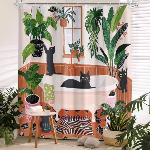 Miniatura 3 de Divertida cortina de ducha con diseño de gatos negros, estilo bohemio, bonita, divertida, para baño, gatito, verde, hojas tropicales, beige, marrón