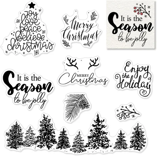 Sellos transparentes de árboles de Navidad para hacer tarjetas y decoración de álbumes de fotos, sellos de goma con palabras de Feliz Navidad, sello