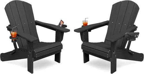 Miniatura 15 de KINGYES Silla plegable Adirondack con portavasos dobles - Sillas de exterior de HDPE para todo clima, silla de patio tipo madera para el patio Negro
