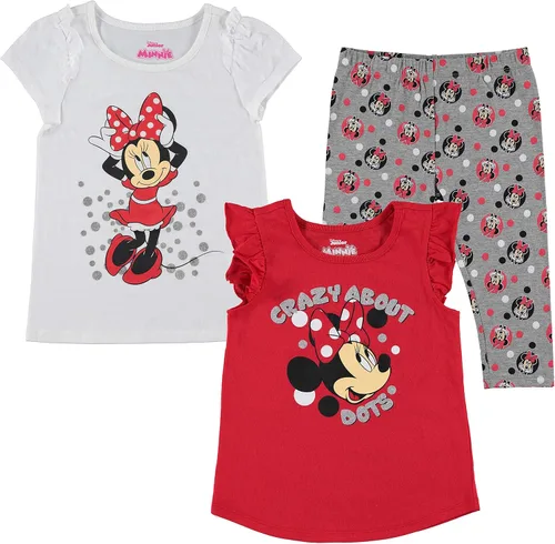Disney Minnie Mouse - Conjunto de camiseta de 3 piezas para niñas, camiseta sin mangas y pantalones de leggings para niños pequeños - RojoBlancoGris