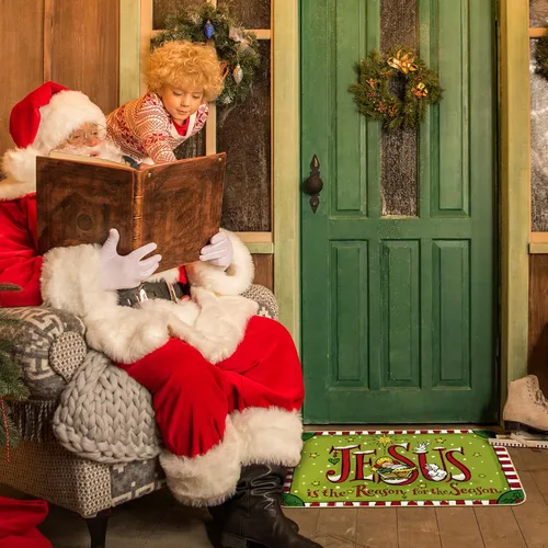 Miniatura 7 de Whaline Tapete de Navidad rojo y verde, tapete antideslizante para puerta delantera, tapete decorativo de Navidad para interiores, exteriores