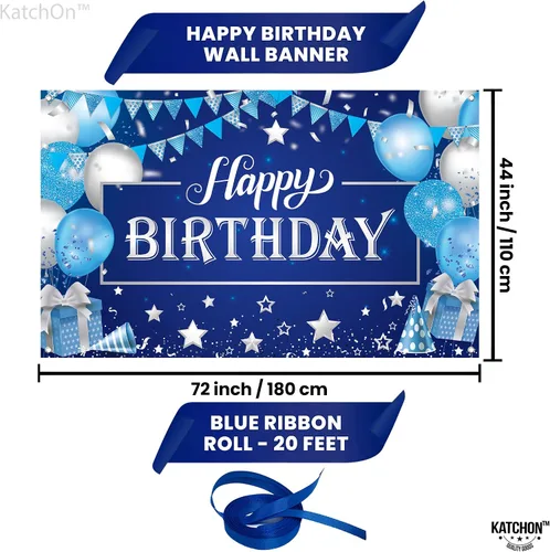 Miniatura 2 de KatchOn, Cartel grande de feliz cumpleaños plateado y azul - 72 x 44 pulgadas Cartel de pared de feliz cumpleaños para hombres Telón de fondo