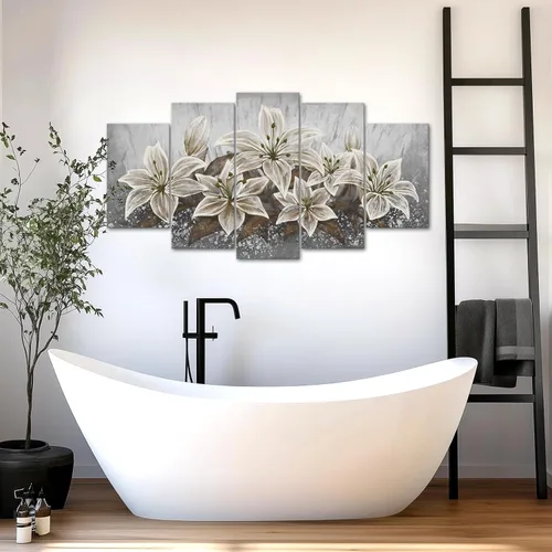 Miniatura 6 de SkenoArt 5 paneles de flores de lirio, arte de pared de lirio gris, marrón, blanco, decoración de pared, arte de pared de lirio floreciente