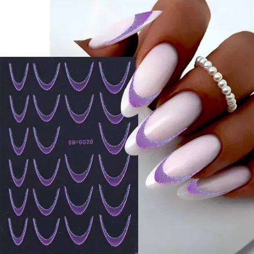 Miniatura 7 de Calcomanías de uñas de línea francesa, calcomanías de uñas de punta francesa con purpurina colorida 3D, autoadhesivas en 3D, puntas de uñas de línea