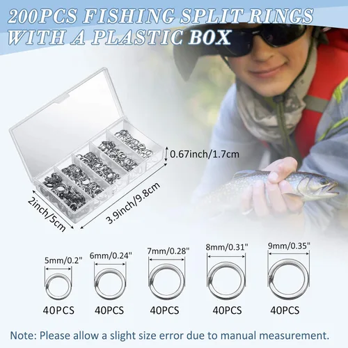 Miniatura 2 de Skylety 200 anillos divididos de acero inoxidable para pesca, 50 ganchos agudos, conector de aparejos de señuelo, alicates de pesca, cordón de Azul