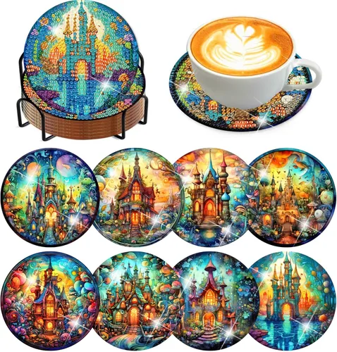 Miniatura 13 de Meothan Juego de 8 posavasos de arte de diamante para adultos con soporte, almohadillas de corcho, posavasos de arte de puntos de diamante de vidrio