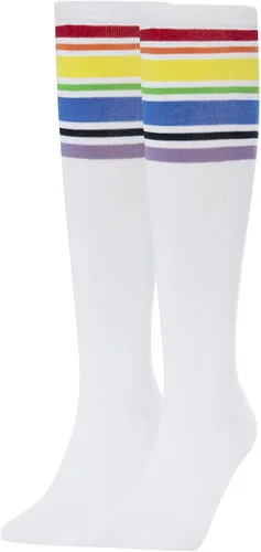 Miniatura 2 de YEJIMONG Calcetines altos hasta la rodilla para mujeres y niñas, 4 pares de calcetines de tubo a rayas con puños acanalados antideslizantes