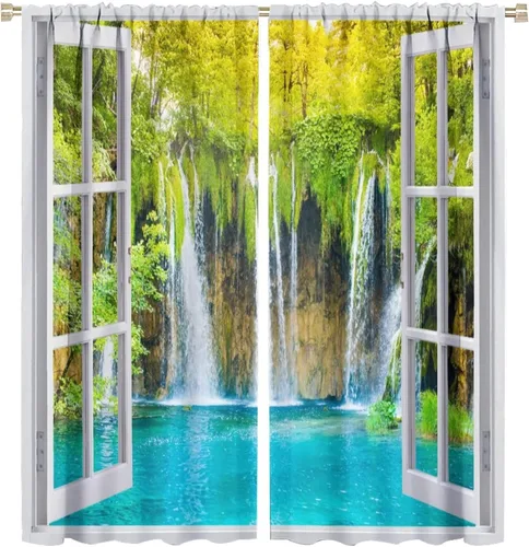 Miniatura 31 de Cortinas de paisaje, ventana tropical con vista al mar, océano, playa, barco, cortinas con estampado de palmeras para dormitorio, sala de estar, Mar