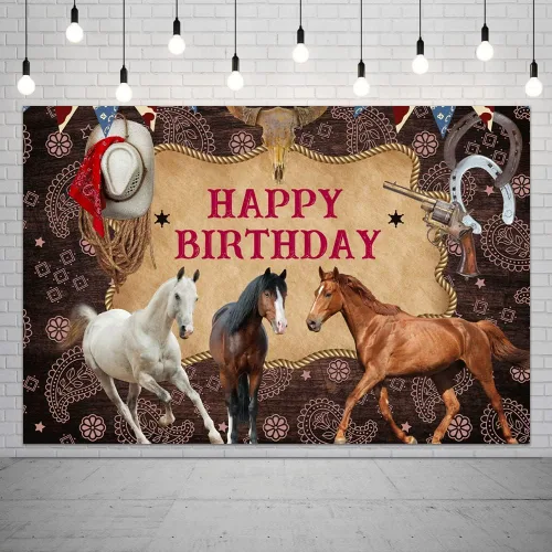 Telón de fondo de fotografía de caballo de feliz cumpleaños, decoración de fiesta de vaquero del salvaje oeste, fondo de imagen, fondo de granja,