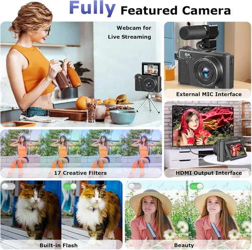 Miniatura 7 de Cámara digital 8K para fotografía, cámara de videoblogs WiFi de 88 megapíxeles para YouTube, pantalla giratoria de 3" 180° y zoom digital 18X