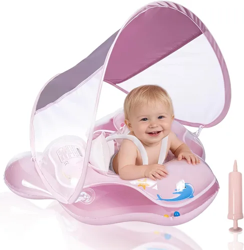 Flotador de piscina para bebé con toldo de protección solar UPF50+, flotador inflable para bebé con asiento de seguridad ajustable para niños de 3 a