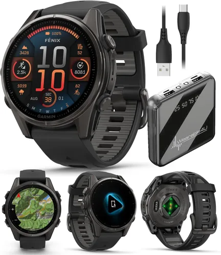 Miniatura 40 de Garmin Fenix 8 – 2 pulgadas, reloj inteligente multideporte GPS AMOLED, zafiro, titanio con banda de silicona naranja brillante/grafito, linterna