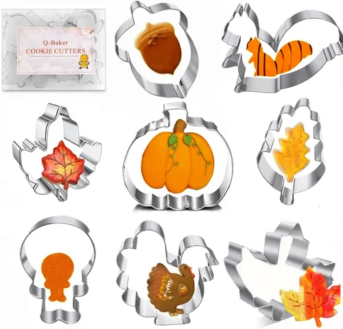 Cortadores de galletas de Acción de Gracias, 8 piezas de hojas de otoño, juego de cortador de galletas de pavo, calabaza, hoja de arce, roble, maíz,