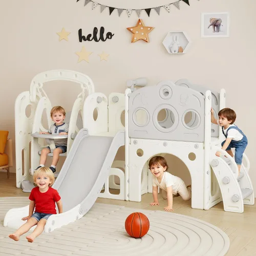 Miniatura 9 de Set de juego de tobogán y columpio 9 en 1 para niños pequeños, tobogán para niños de 1 a 3 años, juego de juego para interiores y exteriores con aro