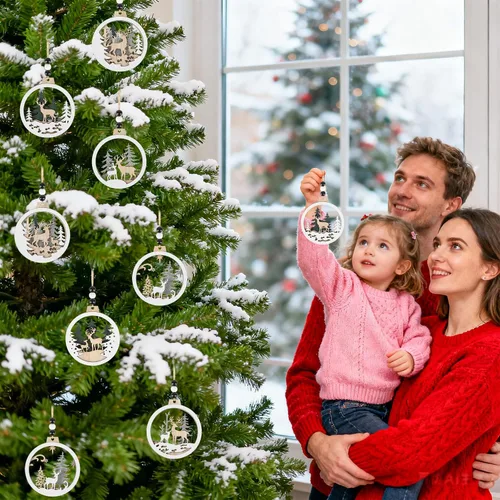 Miniatura 6 de 6 adornos de Navidad de madera con purpurina para árbol de madera de invierno del país de las maravillas, decoraciones colgantes de Feliz Navidad