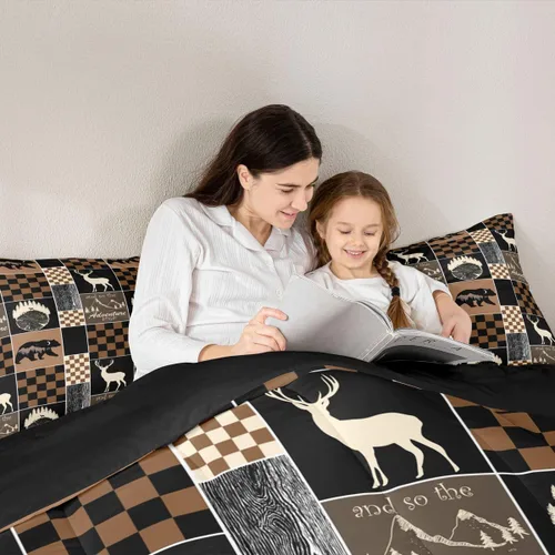 Miniatura 60 de Juego de edredón de oso y ciervo, tamaño individual, ropa de cama de animales salvajes de caza, colcha rústica de cabaña, casa de campo, cuadros