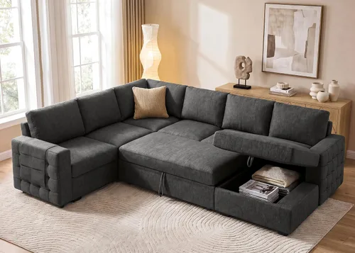 Miniatura 10 de HONBAY Sofá seccional con cama extraíble, sofá cama seccional con almacenamiento, sofás en forma de U para sala de estar, terciopelo beige