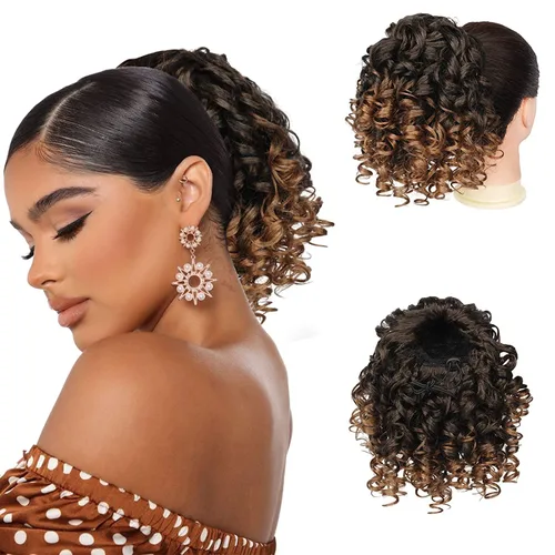 Miniatura 20 de PEACOCO Extensión de cola de caballo rizada con cordón para mujeres negras - Cola de caballo de 6 pulgadas con clip, postizo sintético de afro corto
