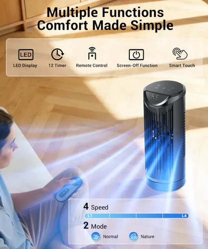 Miniatura 5 de Ventilador de torre personal para dormitorio, ventilador de mesa de escritorio portátil, ventilador de pie de refrigeración con 3 velocidades