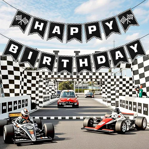 Miniatura 4 de Cartel de feliz cumpleaños de coche de carreras, decoraciones de fiesta de coche de carreras, bandera a cuadros en blanco y negro, bandera de fiesta