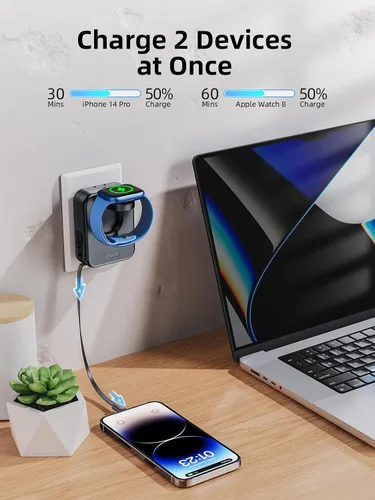 Miniatura 6 de Bloque de cargador para Apple Watch, cargador de pared 2 en 1 con cable de carga retráctil integrado, adaptador de corriente de enchufe plegable