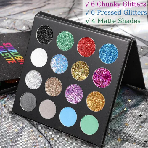 Miniatura 3 de UCANBE Paleta de Maquillaje de Sombra de Ojos con Purpurina - 12 Purpurina Gruesa y Fina Prensada para Rostro y Cuerpo + 4 Sombra de Ojos en Polvo