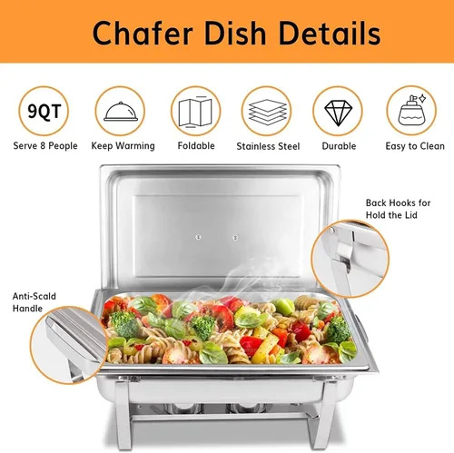 Miniatura 3 de Juego de 4 platos para bufé de roce de plato: calentador de alimentos de acero inoxidable de 9 cuartos de galón - Servidores de buffet de 9 cuartos