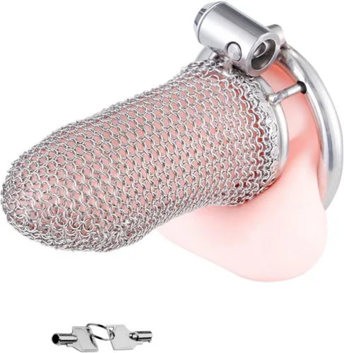 Jaula de castidad masculina, dispositivo de castidad de malla metálica flexible para el pene con anillo de 1.772 in, juguete sexual para adultos,