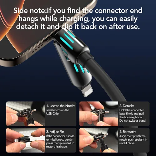 Miniatura 3 de MFish Cable de carga USB 4 en 1 con funda de transporte, cable de carga rápida de 240 W, USB-A y USB-C dual a USB-C/Lightning, para iPhone Negro