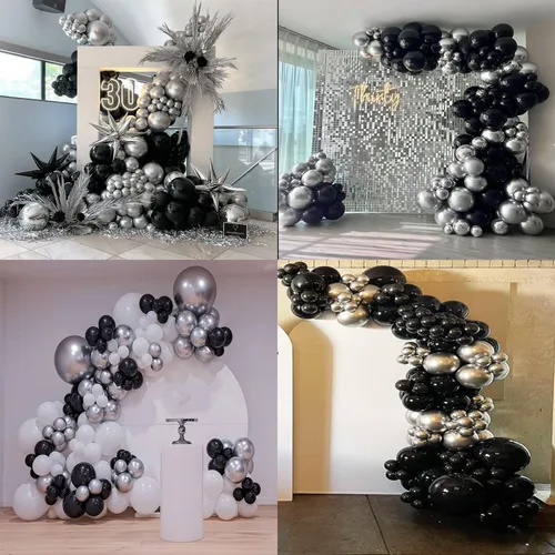 Miniatura 6 de Kit de arco de guirnalda de globos negros y plateados, 146 globos metálicos plateados y negros con globos plateados de papel de aluminio de estrella