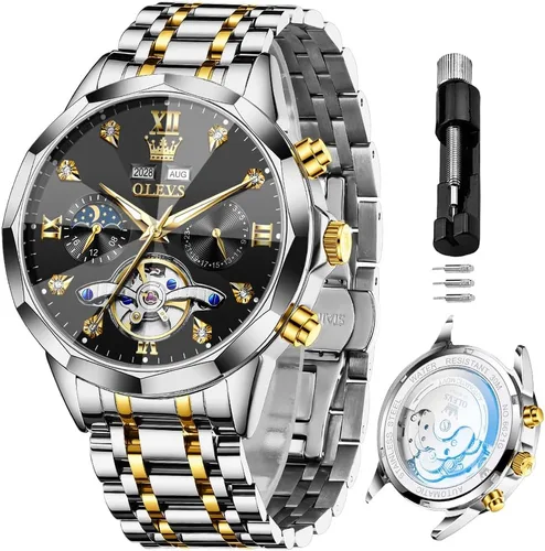Miniatura 11 de OLEVS Reloj de pulsera automático con diseño de esqueleto para hombre, de lujo, con diamantes de lujo, de acero inoxidable, calendario, reloj