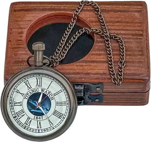 Miniatura 2 de Generic Hassanhandicrafts Reloj de bolsillo de latón antiguo antiguo con esfera de barco Titanic con caja de madera