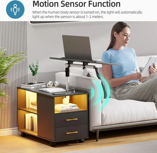 Miniatura 5 de Gurexl Mesita de noche LED de 360° con estación de carga inalámbrica, mesita de noche ajustable movible con bandeja para portátil, soporte de noche