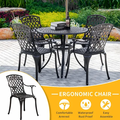 Miniatura 7 de Juego de 2 sillas de patio de aluminio fundido, sillas de comedor al aire libre con respaldo alto, sillas de patio de metal, sillas de bistró