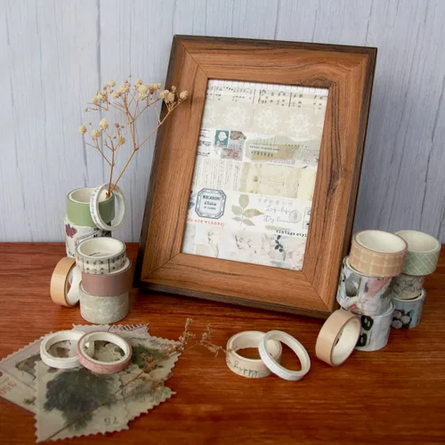 Miniatura 5 de Juego de 20 rollos de cinta washi vintage y 30 piezas de calcomanías para sellos de plantas de animales y naturaleza, cinta adhesiva estética