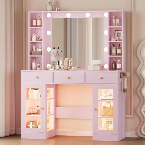 Miniatura 12 de Wodeer Pequeño escritorio de maquillaje con espejo y luces, tocador con armario de cristal, luces LED y toma de corriente, cajón y gabinetes