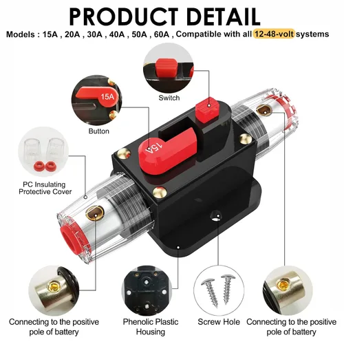 Miniatura 4 de Interruptor de disyuntor de 15 A, fusible impermeable, portafusible en línea, fusible reiniciable, reinicio manual, 12 V-48 V CC para sistema