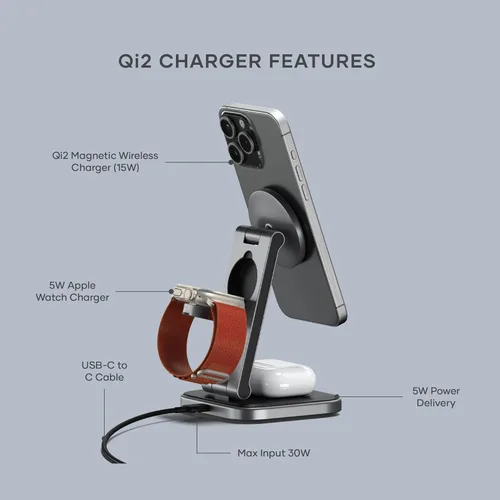 Miniatura 2 de Satechi Cargador inalámbrico 2 en 1, soporte de carga inalámbrica dual Qi2 de 15W, magnético, estación de carga de viaje plegable para iPhone
