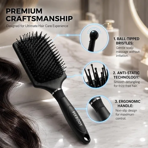 Miniatura 6 de FIXBODY Cepillo de paleta con un cojín grande, cepillo desenredante suavizante para cabello largo y grueso, tanto húmedo como seco, negro mate