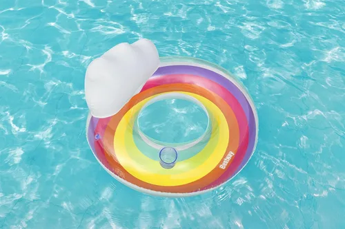 Miniatura 10 de Bestway Anillo de natación grande Flotador inflable de piscina de 42 pulgadas con reposacabezas y soporte para tazas, diseño de arcoíris