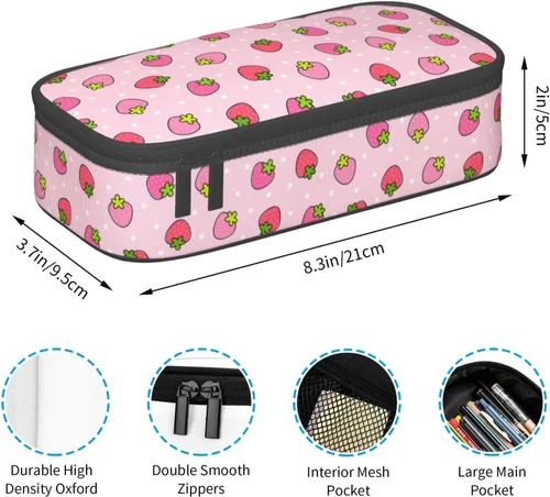 Miniatura 5 de Estuche para lápices con lunares rosados de fresa de gran capacidad, bolsa de papelería con cremallera, soporte portátil para bolígrafos